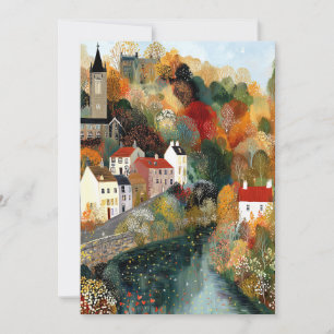Whimsical Kleine Stadt Autumn Szene Hallo Hi Flat Karte