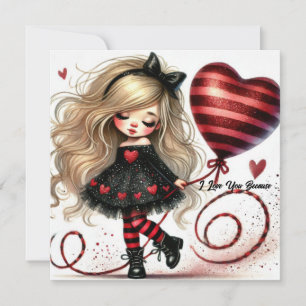 Whimsical Kleines Mädchen Roter Glitzer Herzballon Feiertagskarte