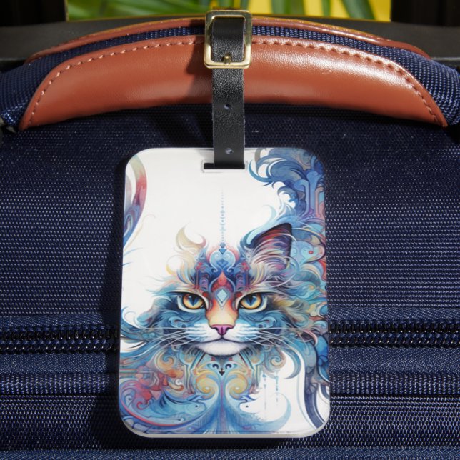 Whimsical, künstlerisch Psychedelic Cat Luggage Ta Gepäckanhänger (Vorderseite Insitu 2)