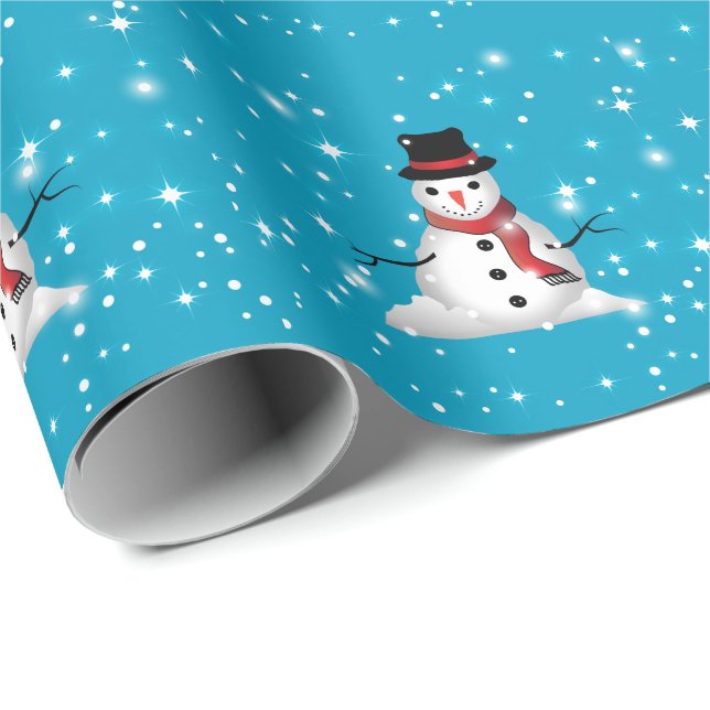 Whimsical Lächeln Snowman mit Red Scarf auf BLAUE Geschenkpapier (Rolleneckpunkt)