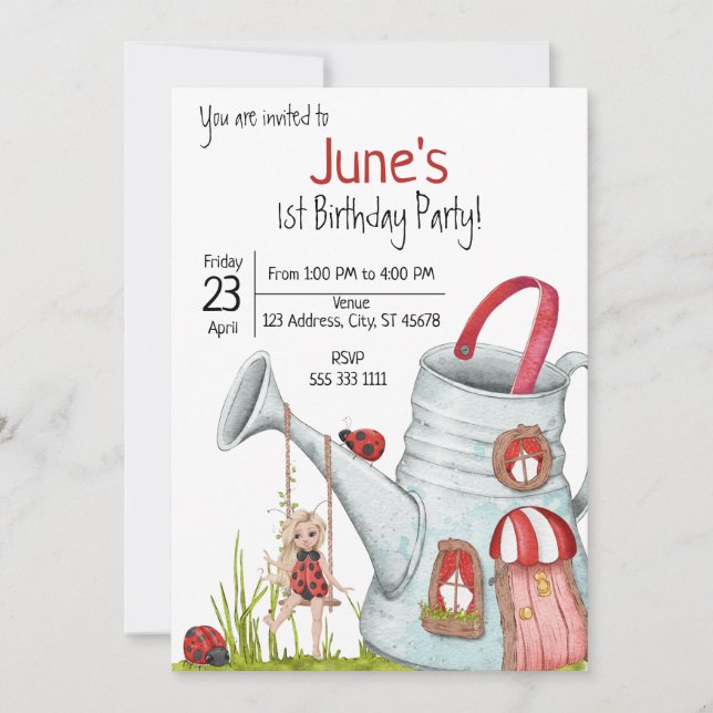 Whimsical LadyBug 1. Geburtstag Einladung (Vorderseite)