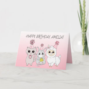 Whimsical Lama, Kätzchen und Maus Mädchen Geburtst Karte