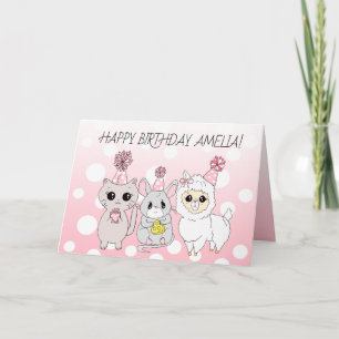 Whimsical Lama, Kätzchen und Maus Mädchen Geburtst Karte