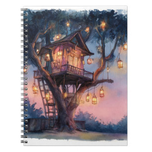 Whimsical Lantern Treehouse Twilight Art Notebook Notizblock