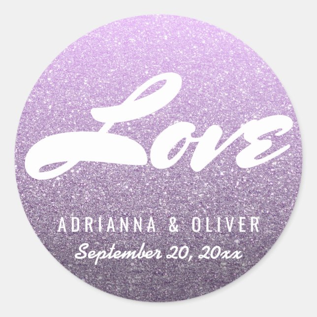 Whimsical Lavender Glitzer Hochzeit Liebe Typograf Runder Aufkleber (Vorderseite)