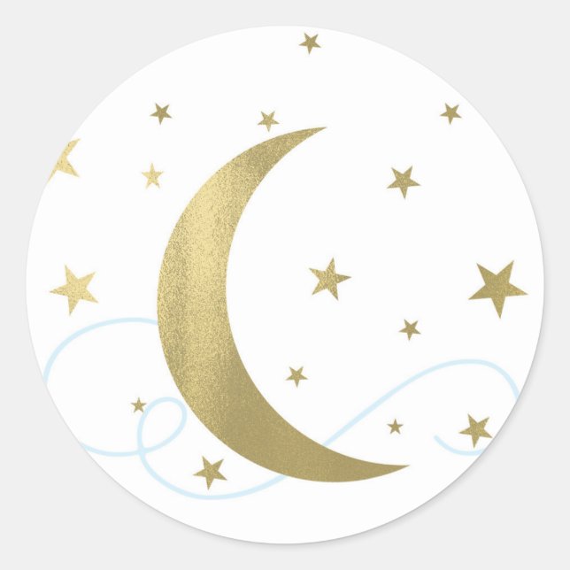 Whimsical Light Blue & Gold Moon Stars Baby Dusche Runder Aufkleber (Vorderseite)
