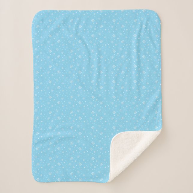 Whimsical Light Blue Hand Gezeichnet Schneeflocken Sherpadecke (Vorderseite)