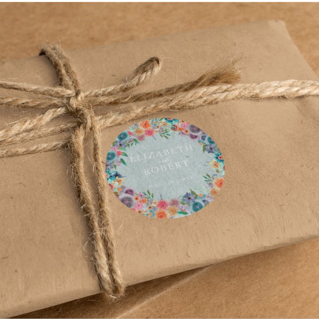 Whimsical Light Blue Wildblume Watercolor Wedding Runder Aufkleber (Von Creator hochgeladen)