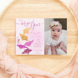 Whimsical Light Pink Fairy Erstes Foto Geburtstag Einladung
