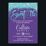 Whimsical Lila Aqua Blue Glitzer Dust Sweet 16 Einladung<br><div class="desc">Dieses einzigartige und originelle Sweet 16-Einladungs-Design besticht durch moderne, mädchenhafte und schicke Imitats, die in Aqua-Blau-Glitzer-Staub gedruckt wurden und auf einem lila Hintergrund eine benutzerdefinierte Pinseltypografie des Glitzer aufweisen. Diese skurrile und glamouröse Einladung wird Ihre Gäste begeistern und das perfekte Kompliment für die hübsche und klassische Geburtstagsparty Ihrer Tochter sein....</div>