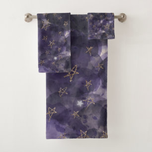 Whimsical Lila Aquarell Gold Bronze Mond Sterne Badhandtuch Set