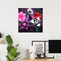 Whimsical Lila Black Pink Daisy Daffodil