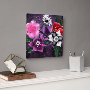 Whimsical Lila Black Pink Daisy Daffodil Quadratische Wanduhr