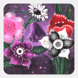 Whimsical Lila Black Pink Daisy Daffodil Quadratischer Aufkleber