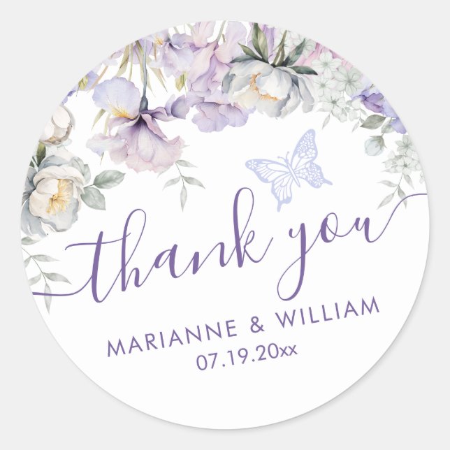 Whimsical Lila Floral Romantic Wedding Vielen Dank Runder Aufkleber (Vorderseite)