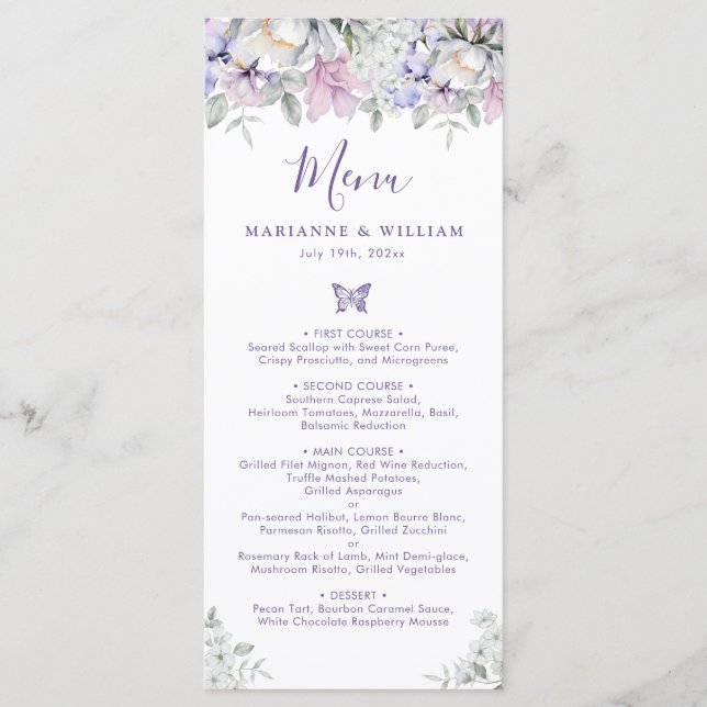 Whimsical Lila Floral Romantisches Hochzeitsessen Menükarte (Vorderseite)