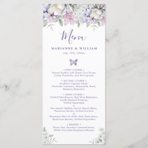 Whimsical Lila Floral Romantisches Hochzeitsessen Menükarte