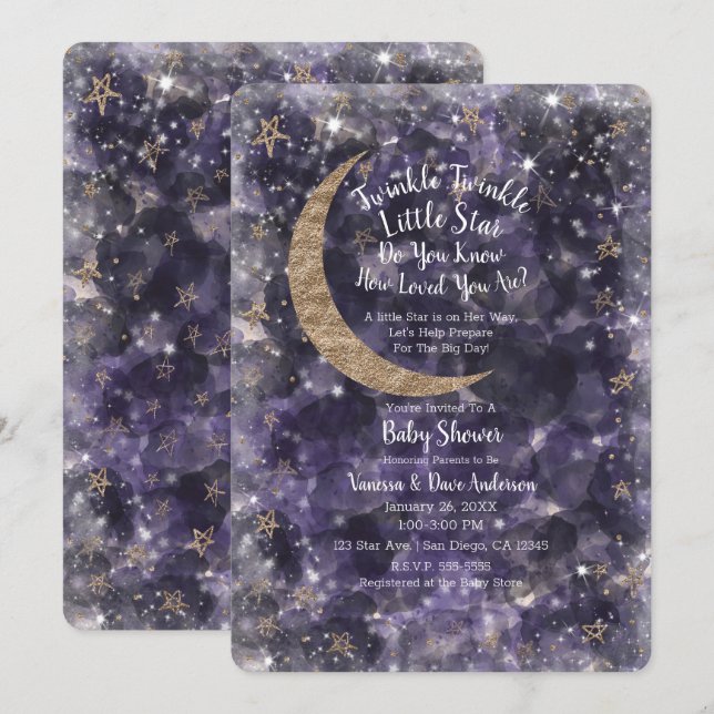 Whimsical Lila Gold Moon Stars Kinderdusche Einladung (Vorne/Hinten)