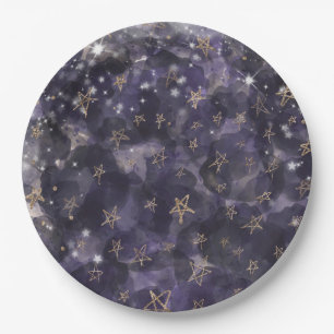Whimsical Lila Gold Moon Stars Kinderdusche Pappteller