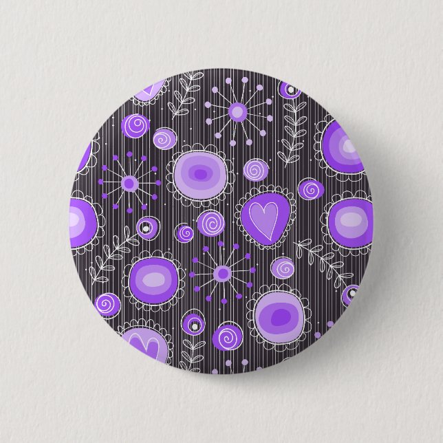 Whimsical lila graue Herzen und Blume blumenreich Button (Vorderseite)