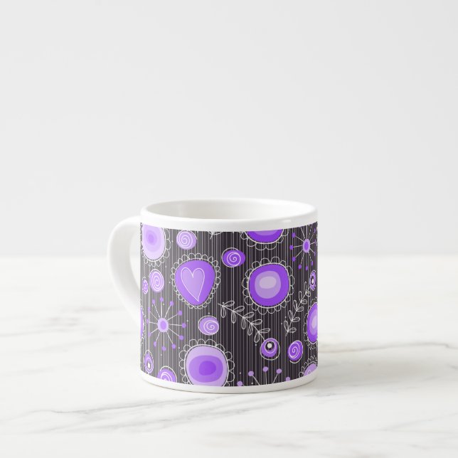 Whimsical lila graue Herzen und Blume blumenreich Espressotasse (Vorderseite Links)