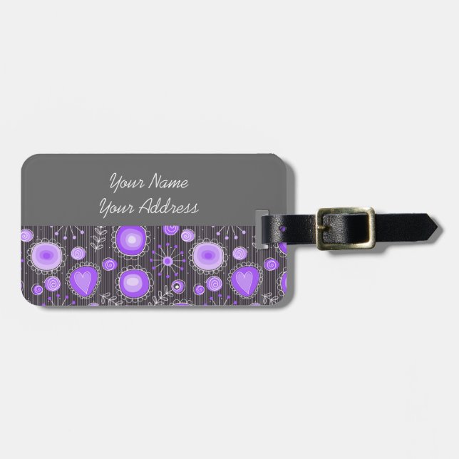 Whimsical lila graue Herzen und Blume blumenreich Gepäckanhänger (Vorderseite horizontal)