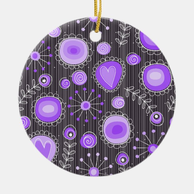 Whimsical lila graue Herzen und Blume blumenreich Keramikornament (Vorne)