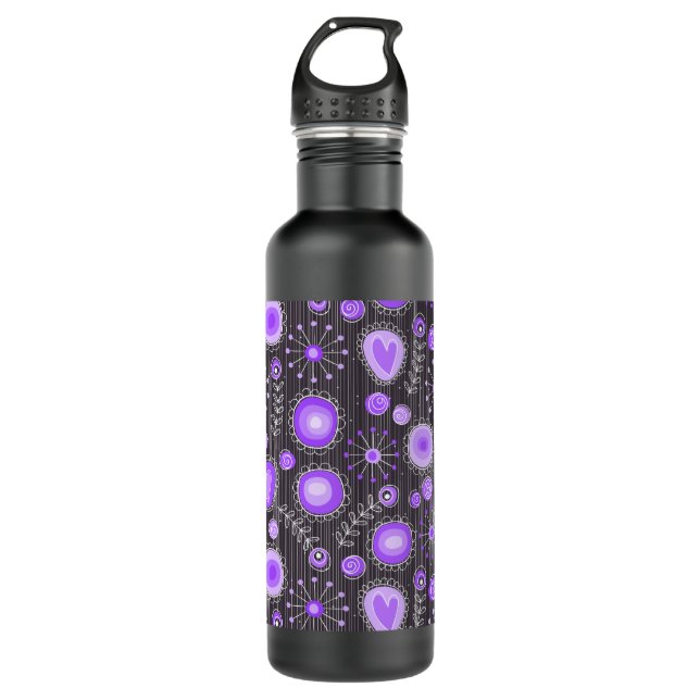 Whimsical lila graue Herzen und Blume blumenreich Trinkflasche (Vorderseite)