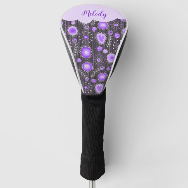 Whimsical lila graues Herz und Blume Blumenname Golf Headcover (Vorderseite)