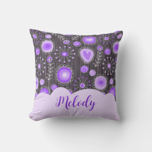 Whimsical lila graues Herz und Blume Blumenname Kissen