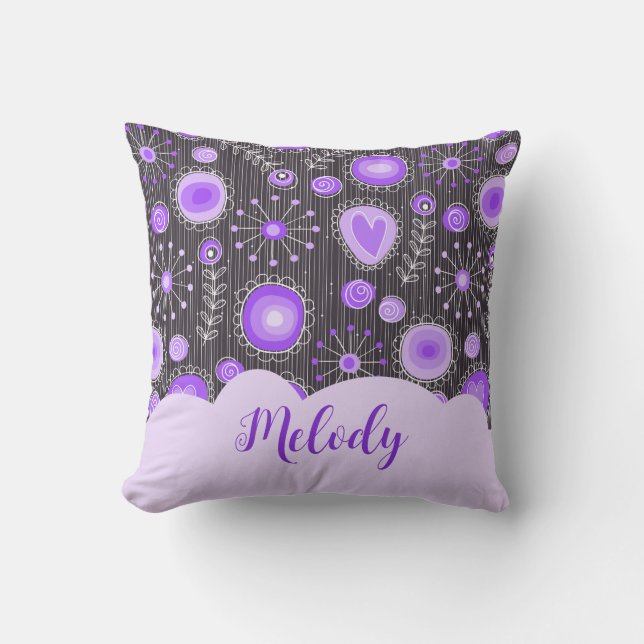 Whimsical lila graues Herz und Blume Blumenname Kissen (Vorderseite)