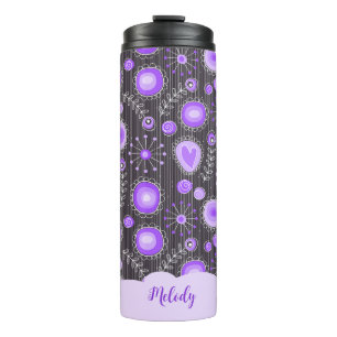 Whimsical lila graues Herz und Blume Blumenname Thermosbecher