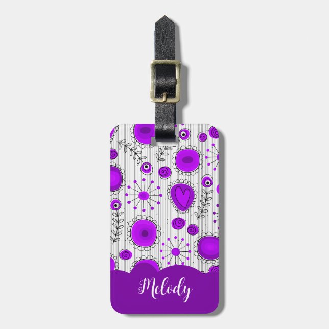 Whimsical lila Herz Blume Blumenname Gepäckanhänger (Vorderseite vertikal)