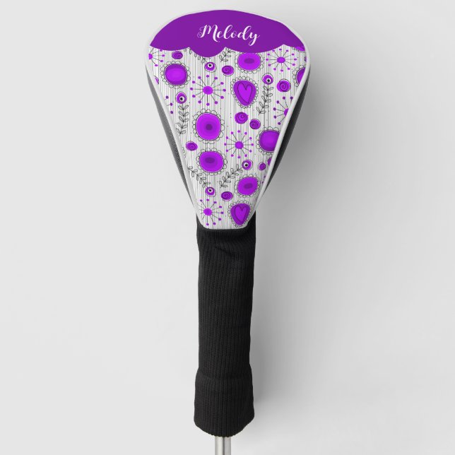 Whimsical lila Herz Blume Blumenname Golf Headcover (Vorderseite)
