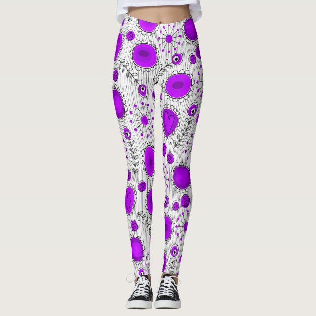 Whimsical lila Herz Blume Blumenname Leggings (Vorderseite)