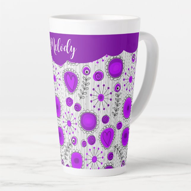 Whimsical lila Herz Blume Blumenname Milchtasse (Rechte Ecke)