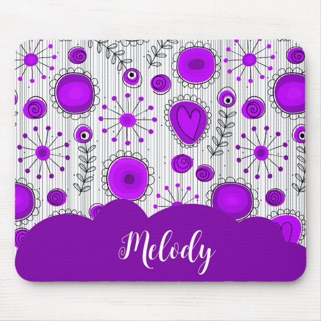 Whimsical lila Herz Blume Blumenname Mousepad (Vorne)
