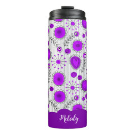 Whimsical lila Herz Blume Blumenname Thermosbecher