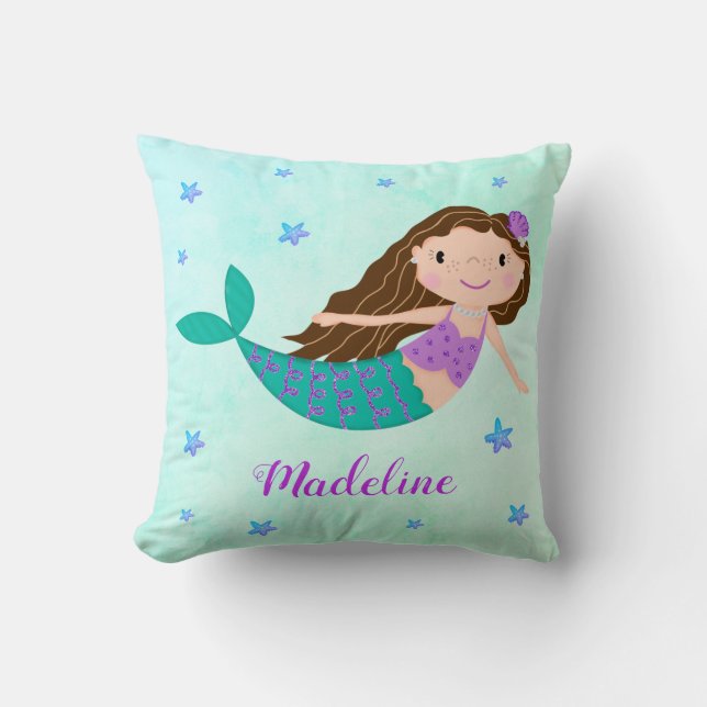 Whimsical Lila Mermaid Starfish Glitzer Kissen (Vorderseite)