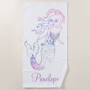 Whimsical Lila Pastel Rainbow Mermaid mit Name Strandtuch