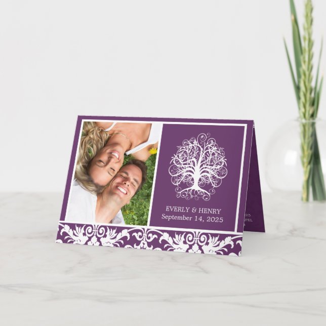 Whimsical Lila Swirl Tree 2 Foto Hochzeit Einladung (Vorderseite)