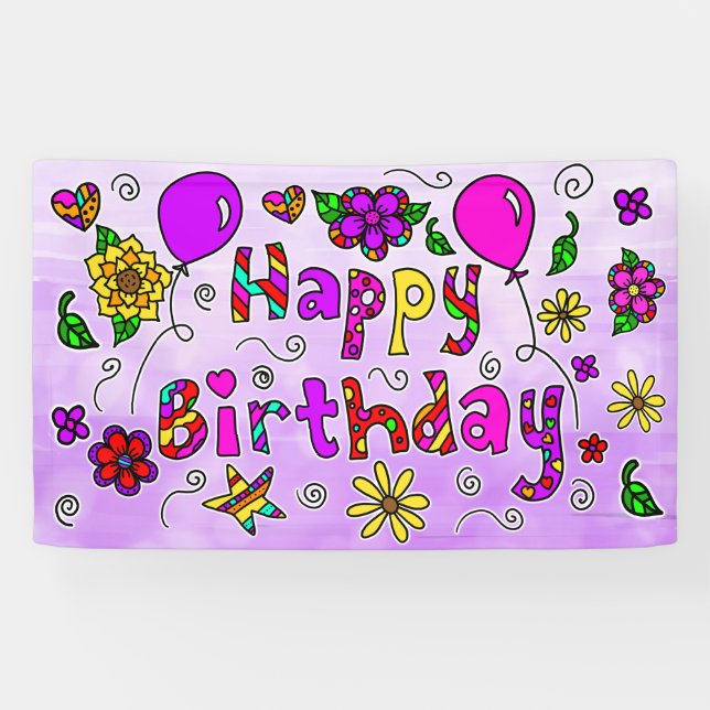 Whimsical Lila und Pink Happy Birthday Girl's Ba Banner (Horizontal)