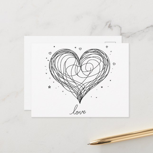 Whimsical Line Art Herz mit "Liebe" Postkarte (Vorderseite/Rückseite Beispiel)