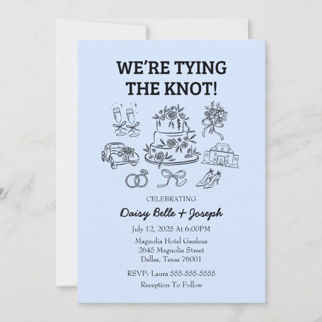 Whimsical Line Art Wedding Blue Invitation (Devant)