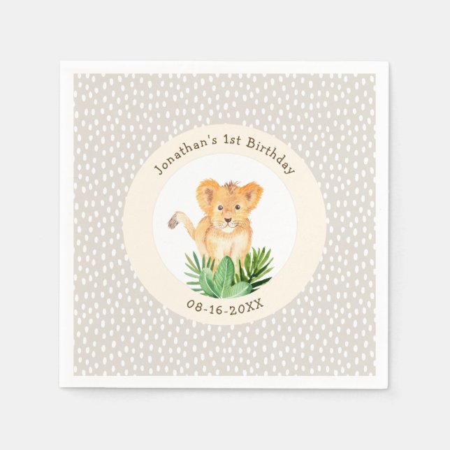 Whimsical Lion Cub Forest Woodland gepunktete Gebu Serviette (Vorderseite)