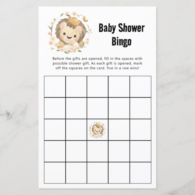 Whimsical Lion King Baby Dusche Jungle Bingo Spiel (Vorderseite)