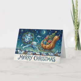Whimsical Lion Pulling Sleigh Christmas Card Karte