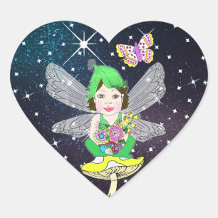 Whimsical Little Elf Fairy, Mushroom and Butterfly Herz-Aufkleber