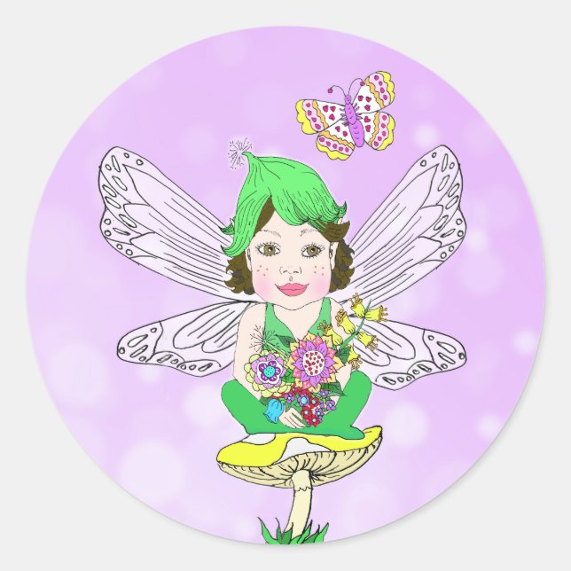 Whimsical Little Elf Fairy, Mushroom and Butterfly Runder Aufkleber (Vorderseite)