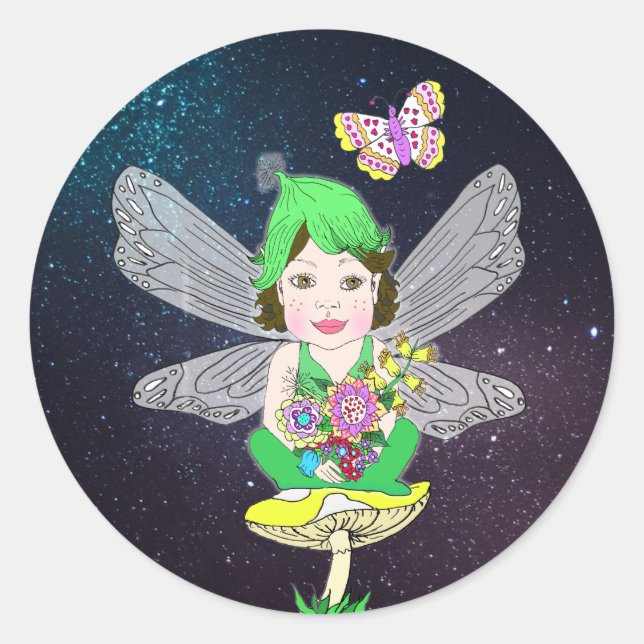 Whimsical Little Elf Fairy, Mushroom and Butterfly Runder Aufkleber (Vorderseite)